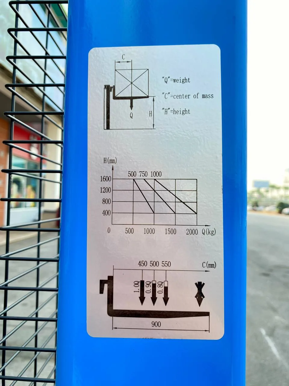 Nhãn biểu đồ tải dán trên khung xe nâng tay cao Interlift CTY-E2.0T