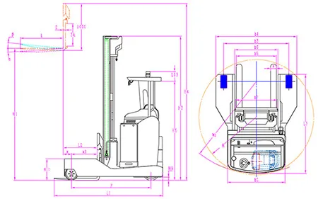 Bản vẽ kích thước xe nâng đa hướng Zowell RSEW