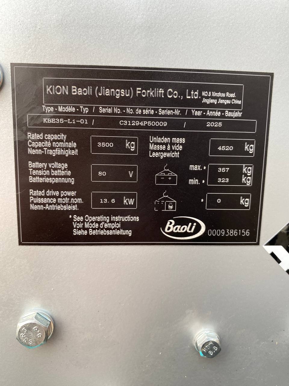 Xe nâng điện 3.5 tấn Baoli KBE35-Li-01. Nâng cao 4.5m. Sản xuất 2025. Mới 100%