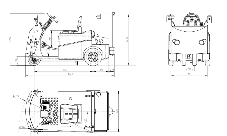 Xe kéo điện Zowell XTH70 — bản vẽ kích thước bản không cabin
