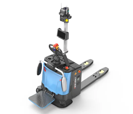 Xe nâng tay tự động Sany SCB30A7 — nhìn chéo trước, bàn đạp đứng lái