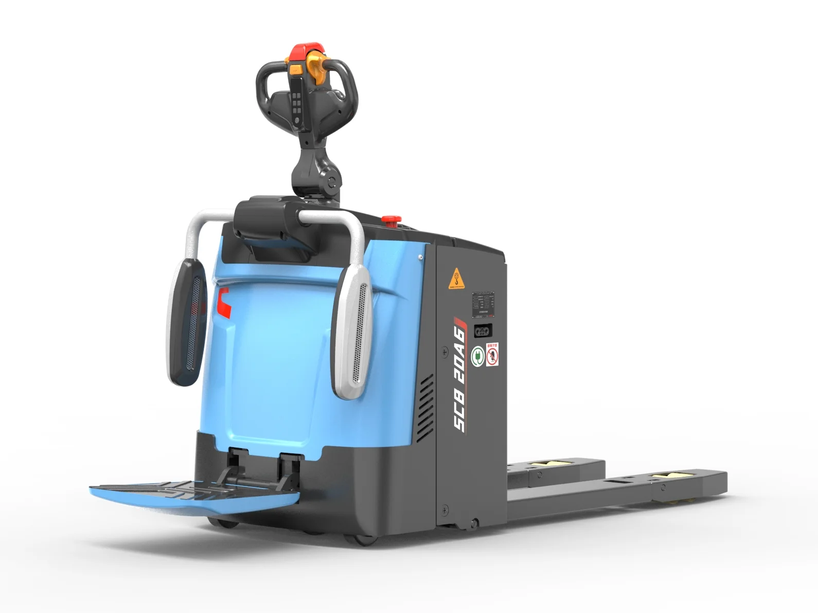Xe nâng tay điện Sany SCB20-30A6 toàn cảnh, bàn đứng mở