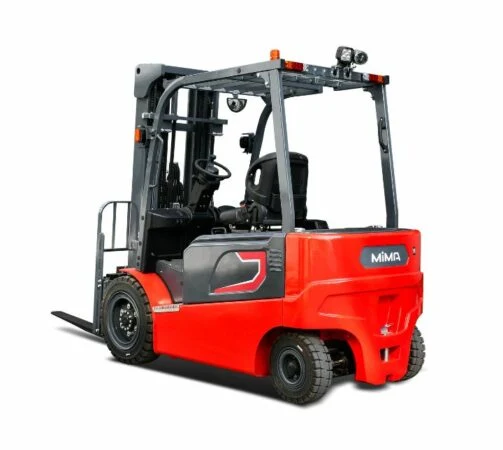 Xe nâng điện MiMA MK15M nhìn chéo phía sau, đối trọng và đèn