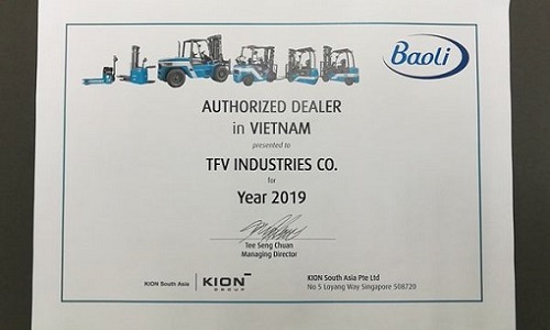 Chứng nhận phân phối xe nâng KION Baoli tại Việt Nam cấp cho TFV Industries