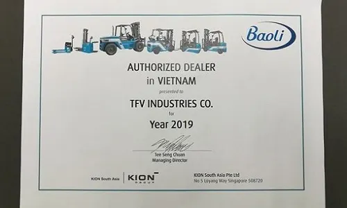 Chứng nhận đại lý xe nâng KION Baoli tại Việt Nam cấp cho TFV năm 2019