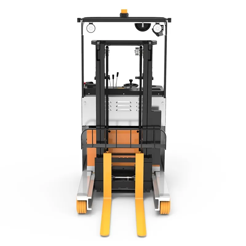 Xe nâng reach truck Zowell FRA118 nhìn thẳng phía trước: khung nâng và hai chân chống