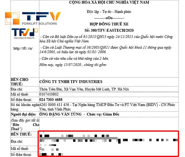 Mẫu hợp đồng thuê xe nâng tại TFV