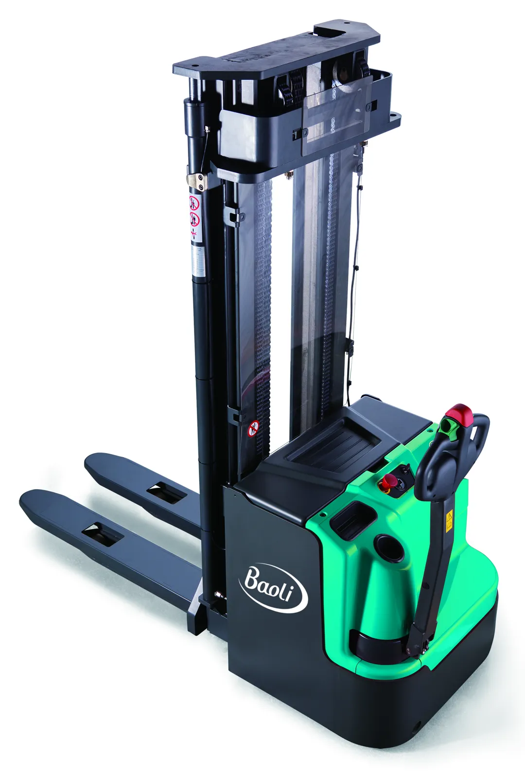 Xe nâng đứng lái Baoli ES16-N02 — nhìn chéo, khung nâng