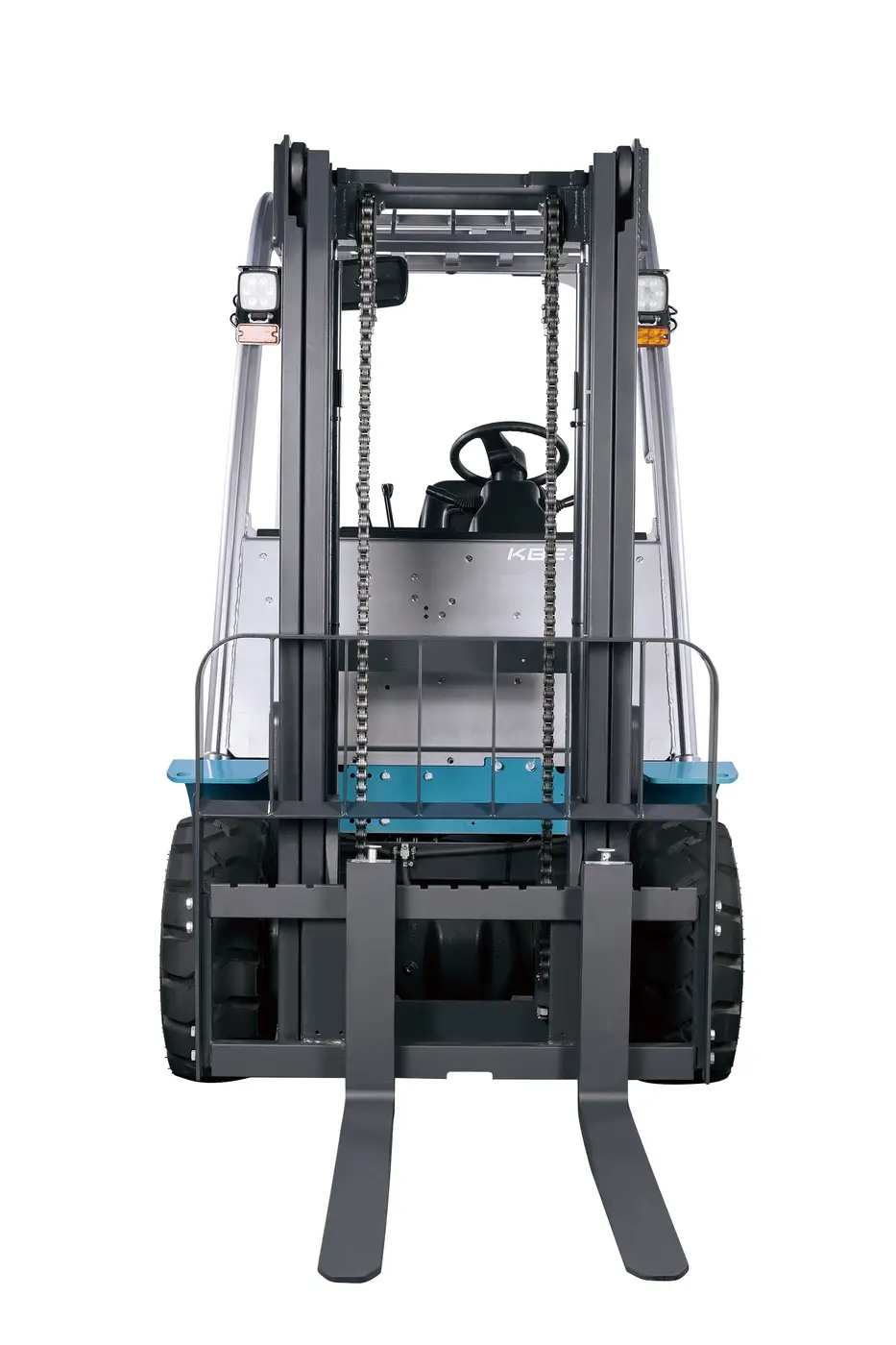 Xe nâng điện Baoli KBE25-01 2,5 tấn nhìn thẳng phía trước, khung nâng