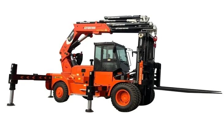 Xe nâng kiêm cẩu SOCMA HNFC160-1000 toàn cảnh, chân chống hạ