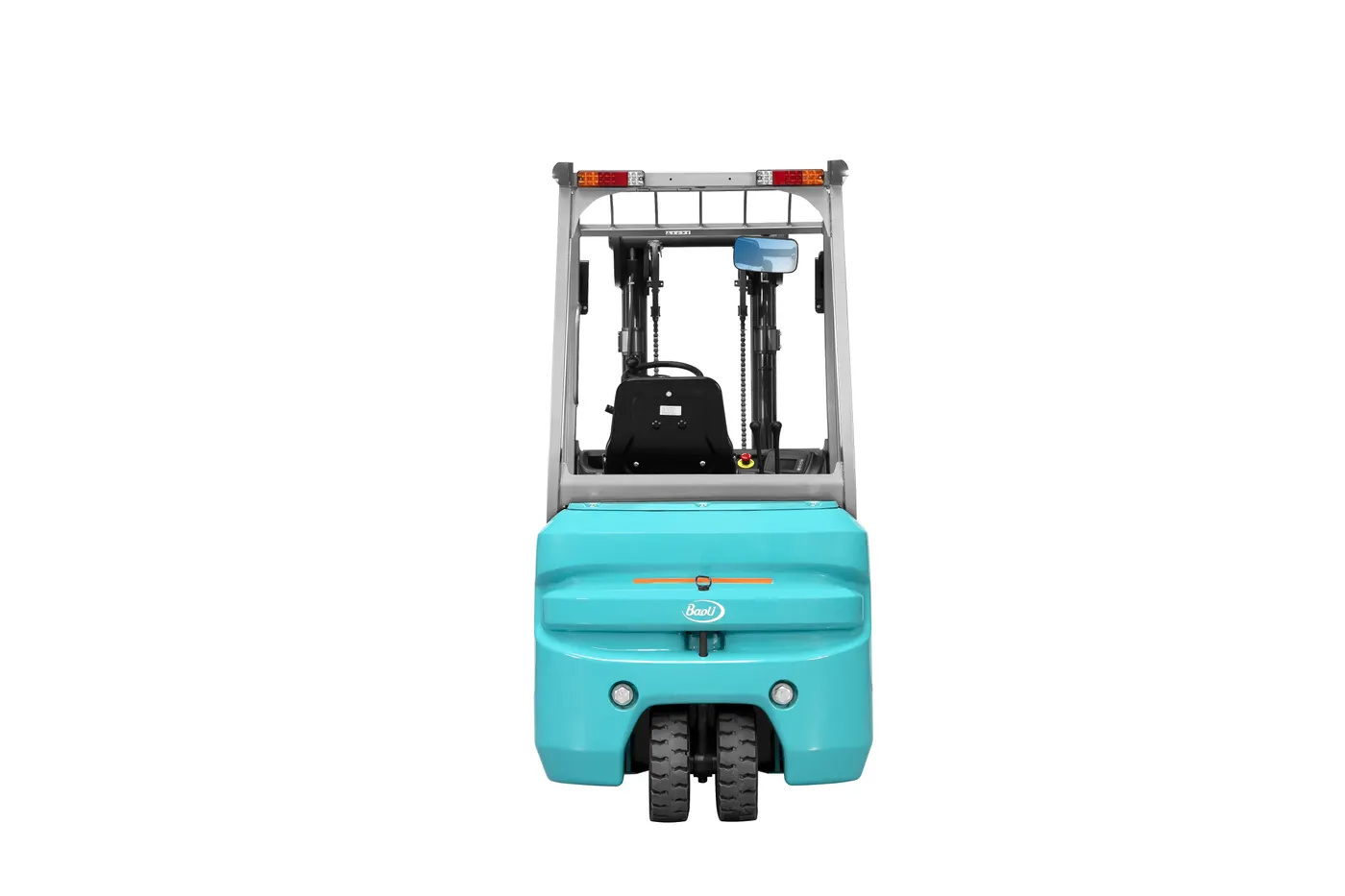 Xe nâng điện 3 bánh Baoli KBET18-Li-01 nhìn thẳng phía sau: đối trọng thấp, hai bánh sau