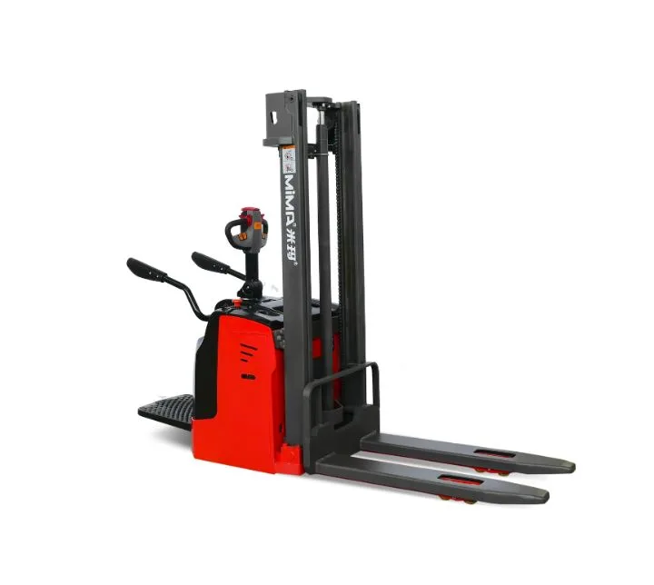 Xe nâng stacker MiMA MB15 với bàn đứng và tay vịn gập