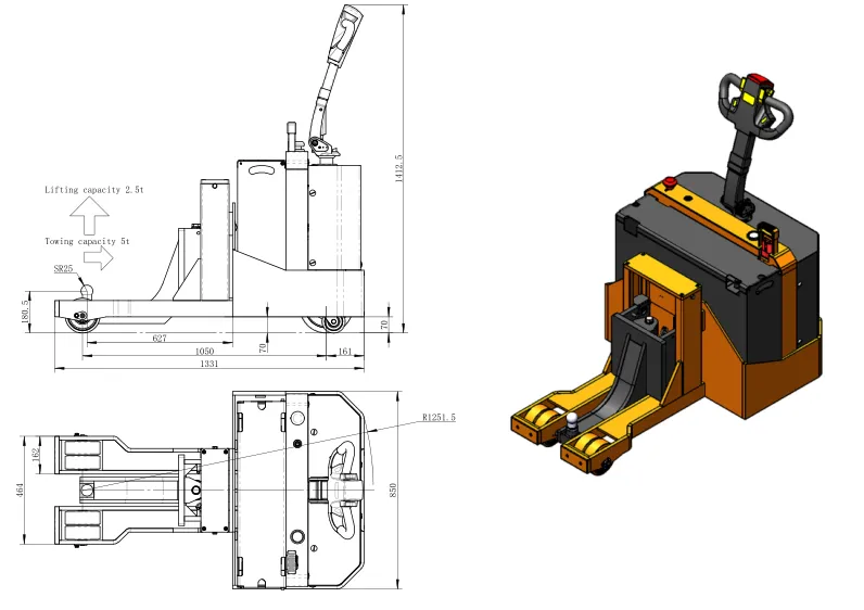 Xe kéo điện Zowell XTB60 — bản vẽ kích thước