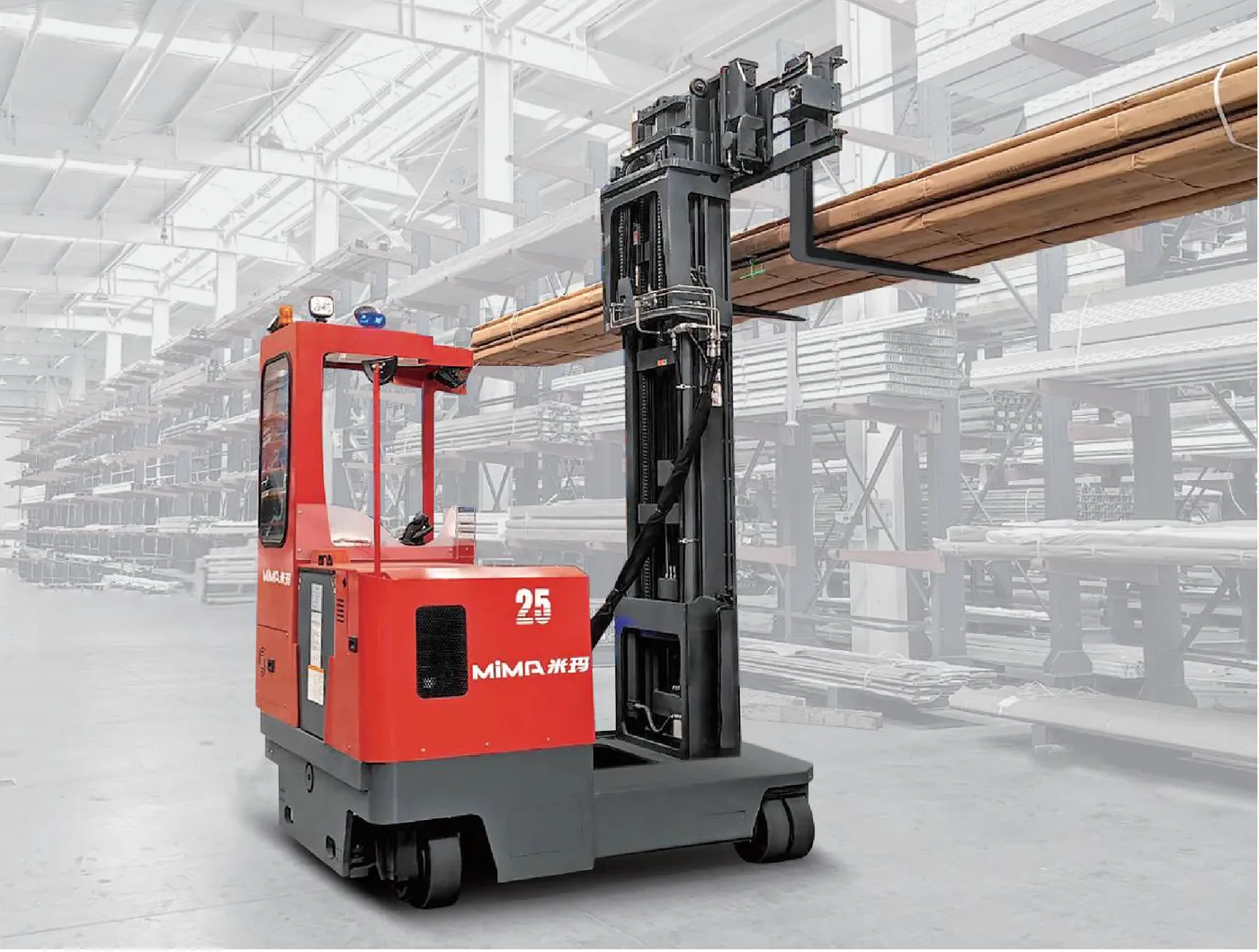 Xe nâng đa hướng MiMA MQK30 — xe đa hướng nâng gỗ dài trong kho (ảnh tờ gấp hãng)