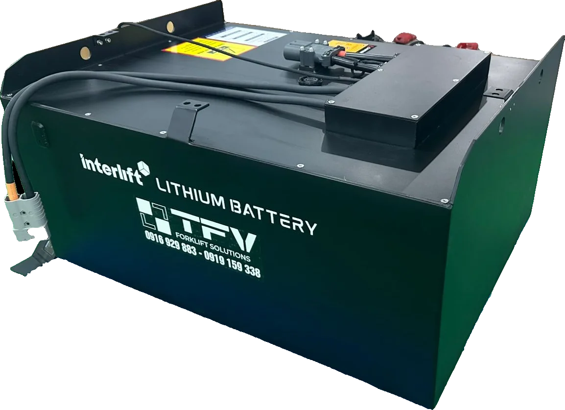 Pin lithium xe nâng 24V Interlift vỏ thép, màn hình LCD và giắc sạc xả