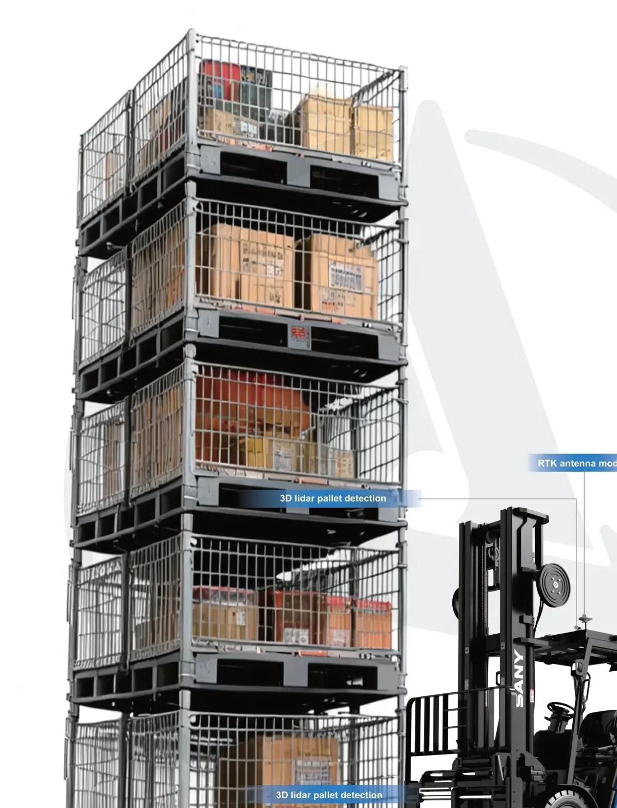 Xe nâng đối trọng tự động Sany xếp lồng hàng nhiều tầng