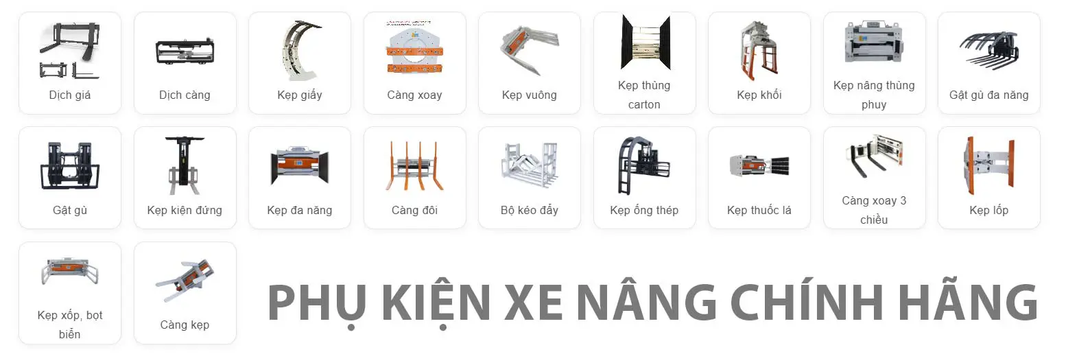 Thuê xe nâng kèm phụ kiện kẹp giấy, kẹp vuông, gật gù, dịch giá,...