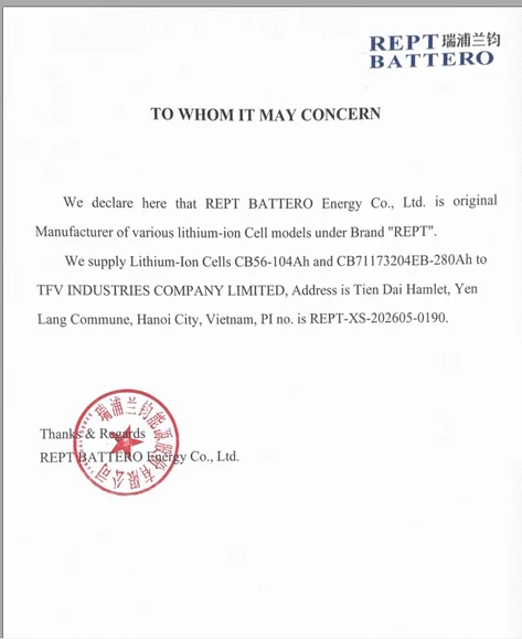 Thư xác nhận REPT BATTERO cho pin lithium xe nâng TFV