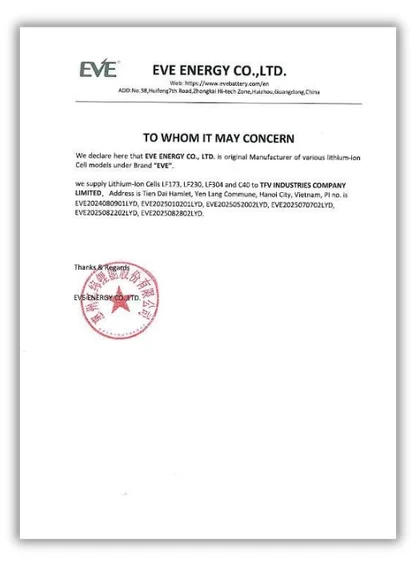 Giấy uỷ quyền đại lý cell EVE cho pin lithium xe nâng TFV