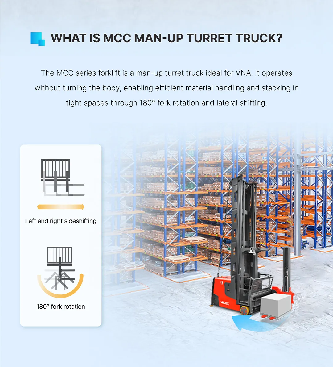 Xe nâng lối đi hẹp VNA MiMA MCC16 trong kho kệ cao