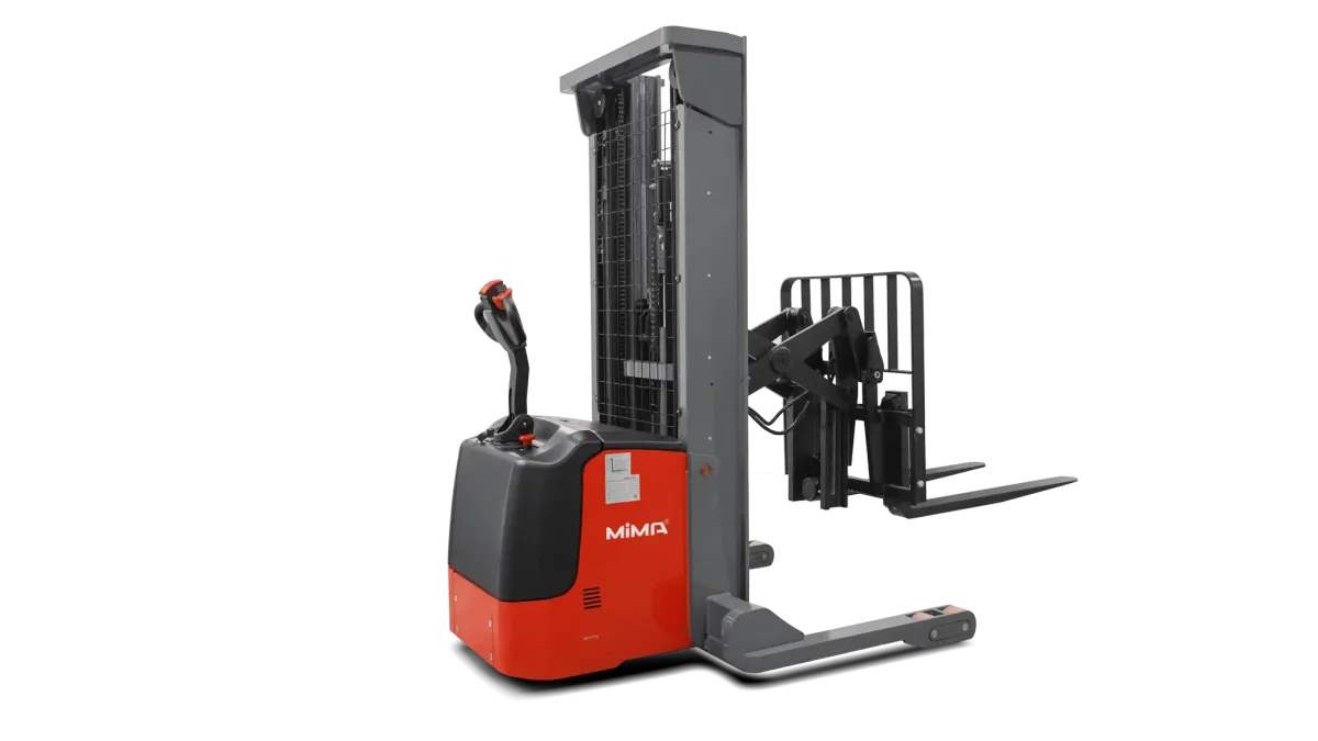 Xe nâng reach stacker MiMA MBG — nhìn chéo trước bên trái