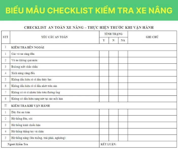 Checklist kiểm tra xe nâng hàng ngày chuẩn an toàn vận hành