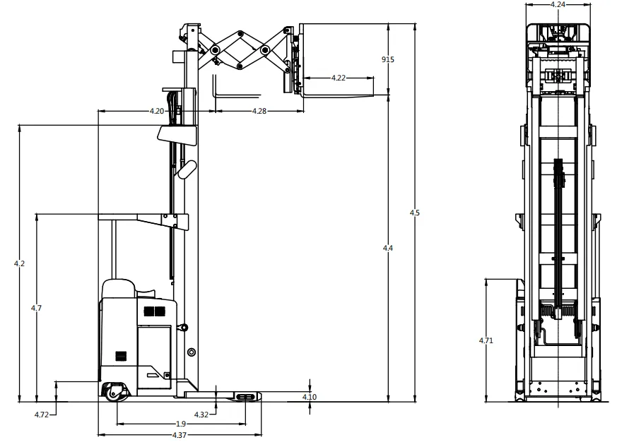 Bản vẽ kích thước Xe nâng reach truck Zowell RRE115