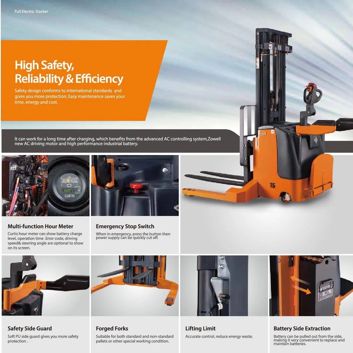 Xe nâng stacker Zowell XEK20 — tờ tính năng của hãng