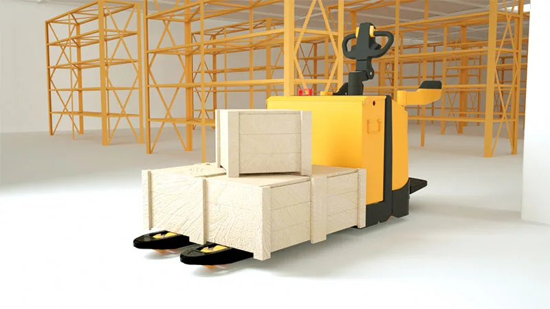 Xe nâng tay điện Zowell chở kiện hàng trong kho
