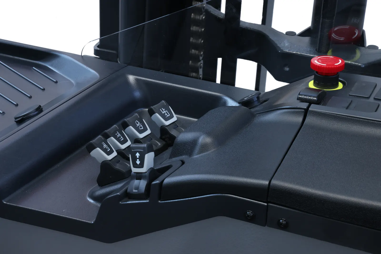 Xe nâng reach truck Baoli KBR16L — cụm cần điều khiển và nút dừng khẩn cấp