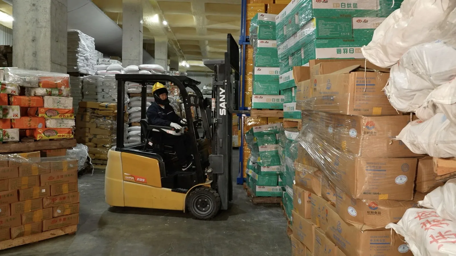 Xe nâng điện 3 bánh Sany SCP16S làm việc trong kho hàng
